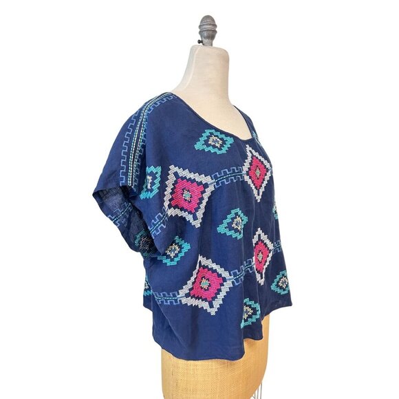 Johnny Was JW Los Angeles Boho Embroidered Linen Navy Top Small - Picture 2 of 5